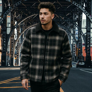 Tigha Men’s Plaid Wool Blend Jacket w/ Sherpa Collar, Black/Grey Check